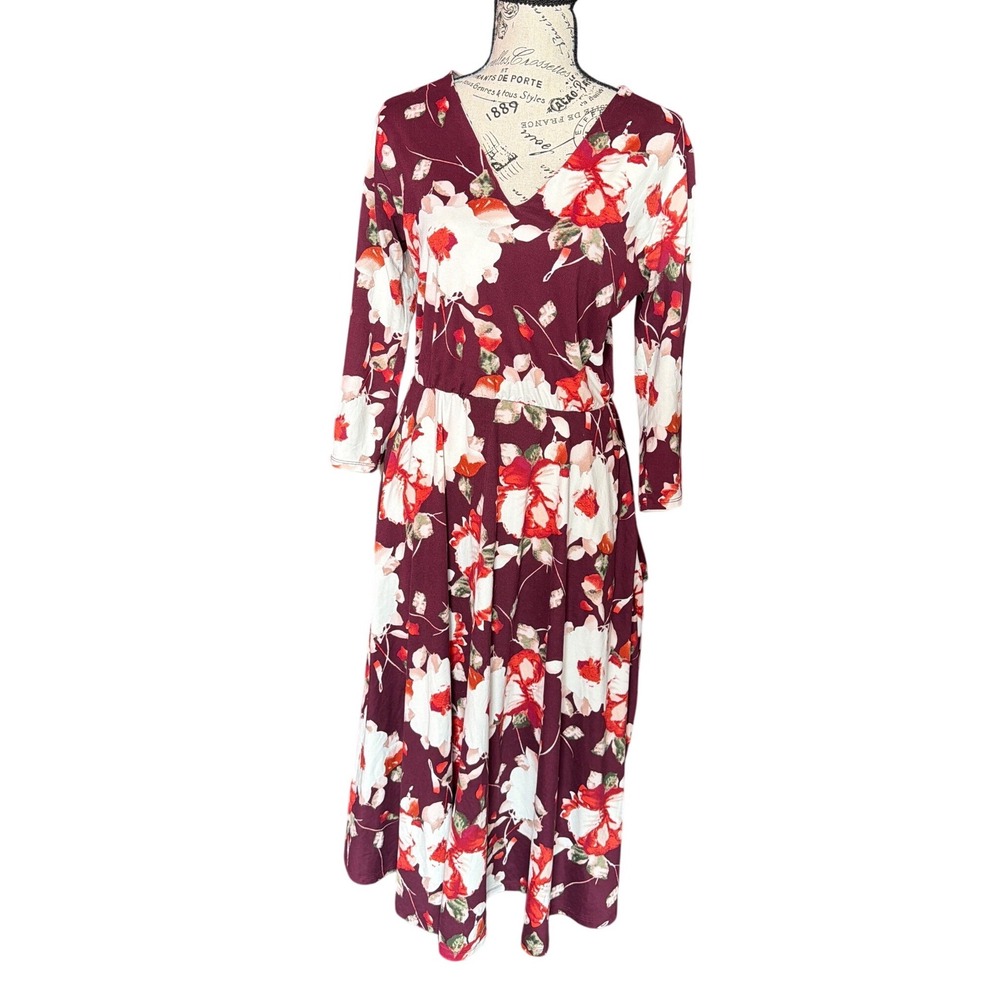 Agnes‎ & Dora Burgundy Floral V-Neck Midi Dress with Pockets Small 3/4 Sleeve